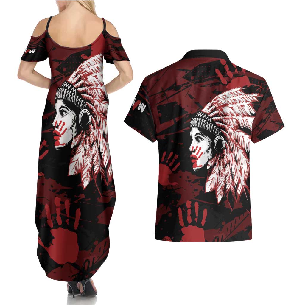Native American MMIW Couples Matching Summer Maxi Dress and Hawaiian Shirt Red Handprint Grunge Style