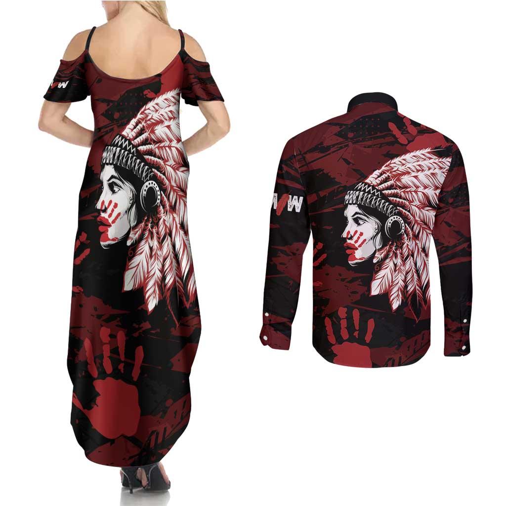 Native American MMIW Couples Matching Summer Maxi Dress and Long Sleeve Button Shirt Red Handprint Grunge Style