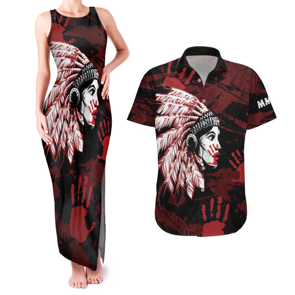 Native American MMIW Couples Matching Tank Maxi Dress and Hawaiian Shirt Red Handprint Grunge Style