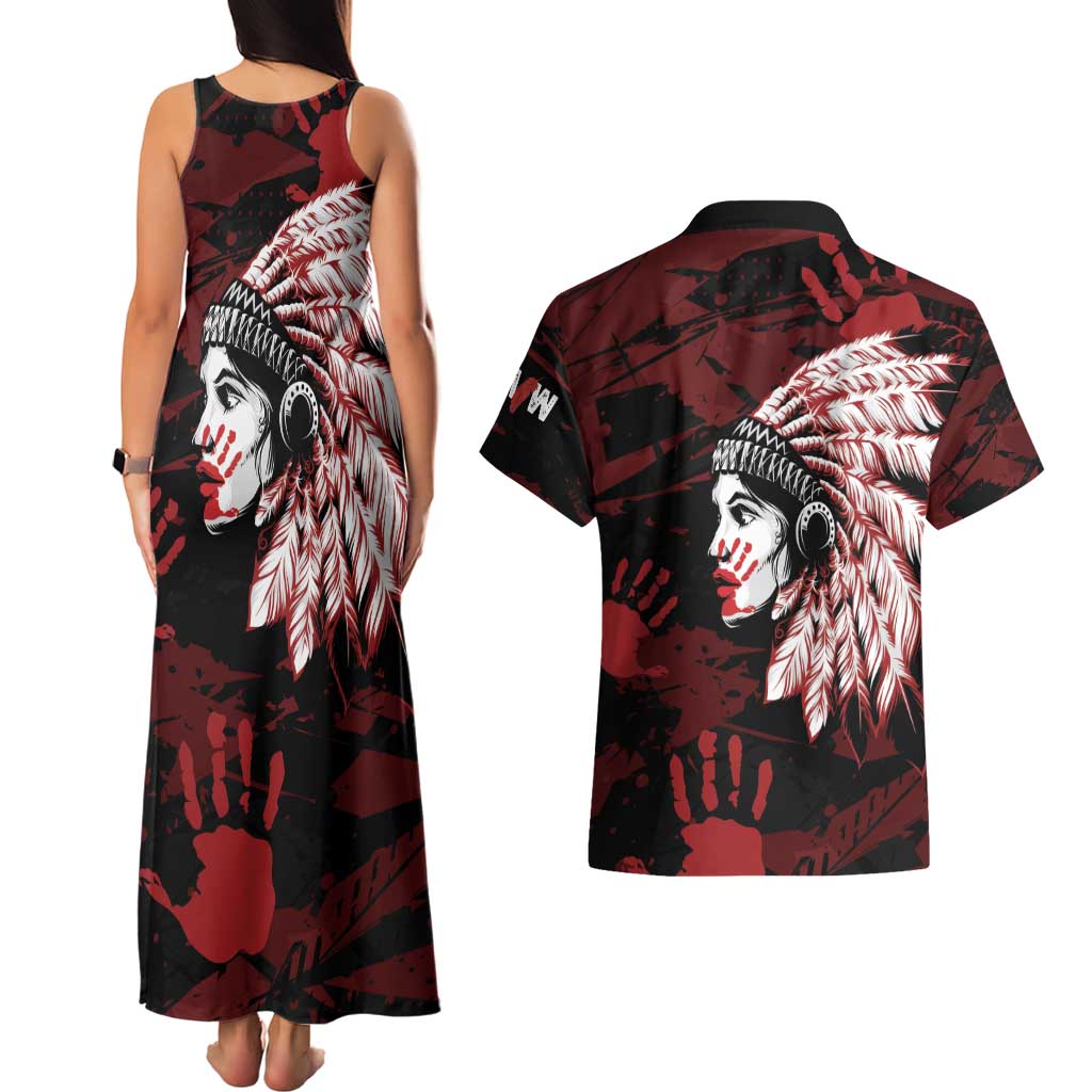 Native American MMIW Couples Matching Tank Maxi Dress and Hawaiian Shirt Red Handprint Grunge Style