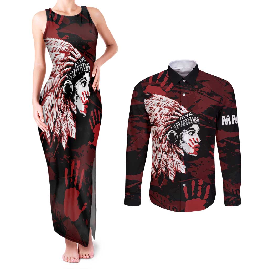 Native American MMIW Couples Matching Tank Maxi Dress and Long Sleeve Button Shirt Red Handprint Grunge Style