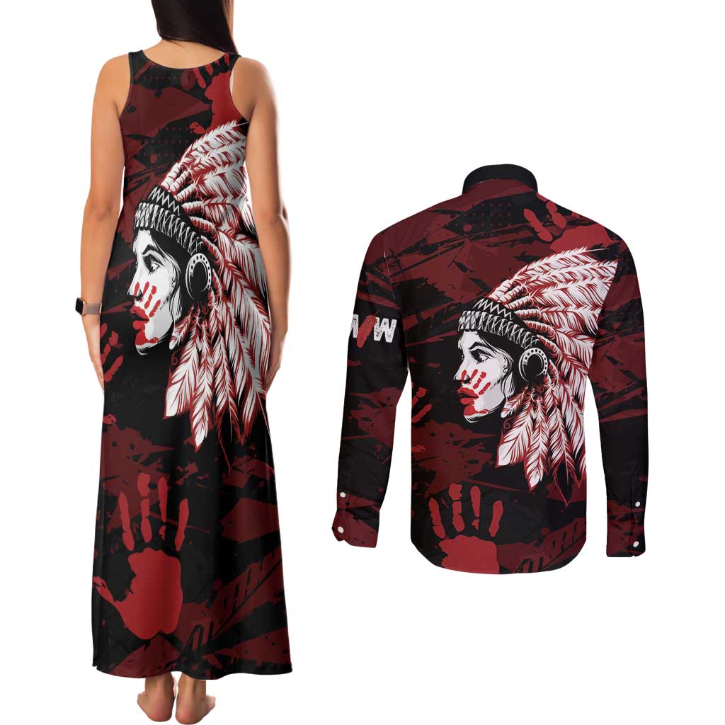 Native American MMIW Couples Matching Tank Maxi Dress and Long Sleeve Button Shirt Red Handprint Grunge Style