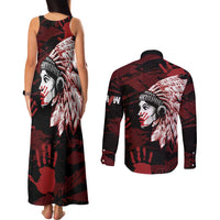 Native American MMIW Couples Matching Tank Maxi Dress and Long Sleeve Button Shirt Red Handprint Grunge Style
