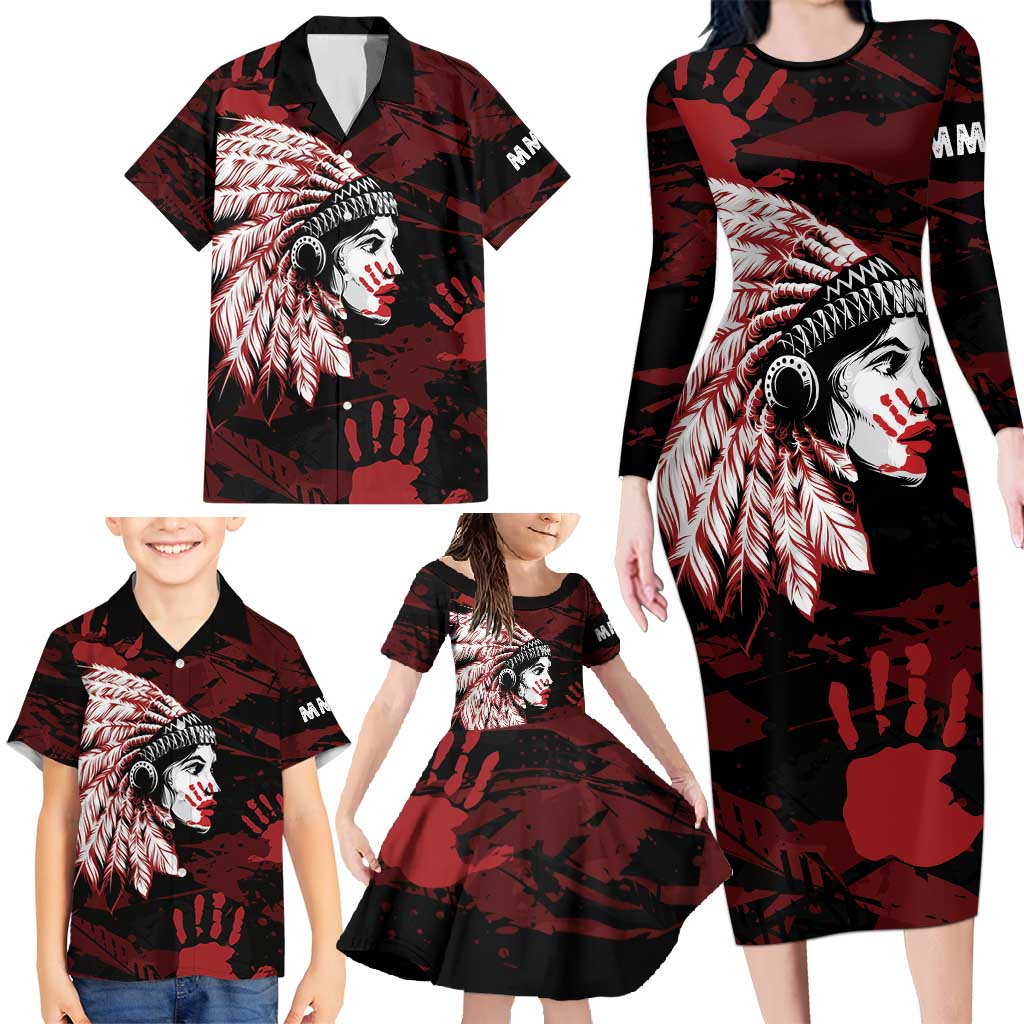Native American MMIW Family Matching Long Sleeve Bodycon Dress and Hawaiian Shirt Red Handprint Grunge Style
