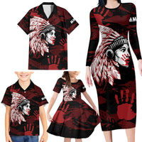 Native American MMIW Family Matching Long Sleeve Bodycon Dress and Hawaiian Shirt Red Handprint Grunge Style