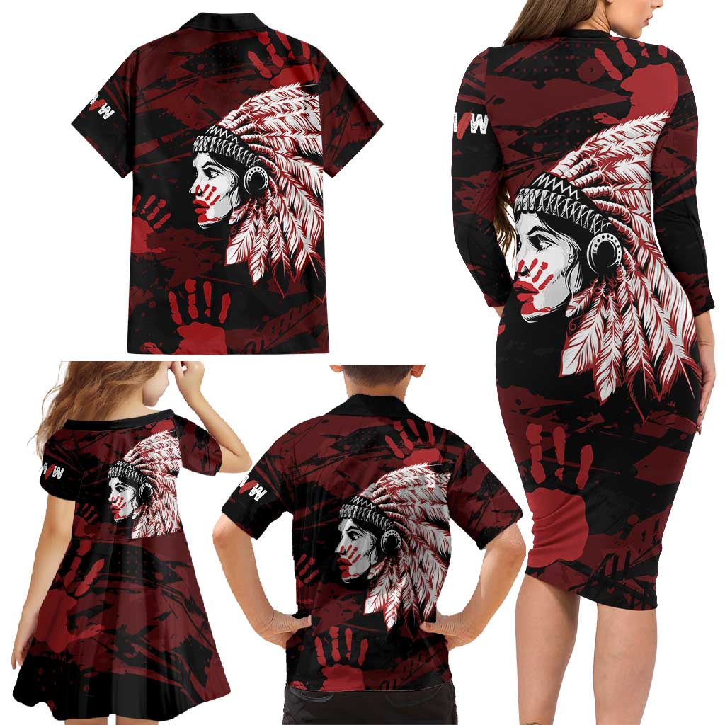 Native American MMIW Family Matching Long Sleeve Bodycon Dress and Hawaiian Shirt Red Handprint Grunge Style