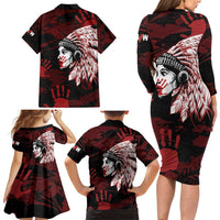 Native American MMIW Family Matching Long Sleeve Bodycon Dress and Hawaiian Shirt Red Handprint Grunge Style