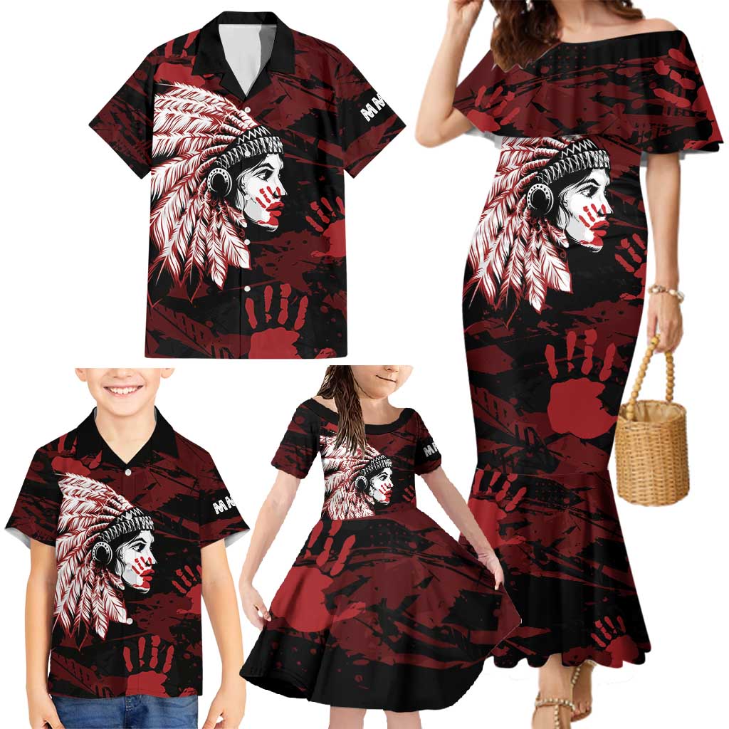 Native American MMIW Family Matching Mermaid Dress and Hawaiian Shirt Red Handprint Grunge Style