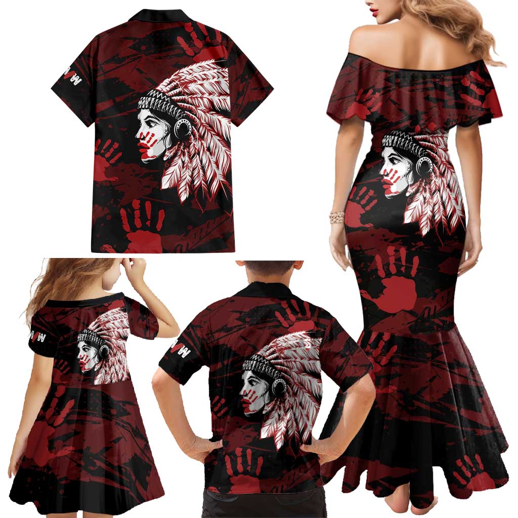Native American MMIW Family Matching Mermaid Dress and Hawaiian Shirt Red Handprint Grunge Style