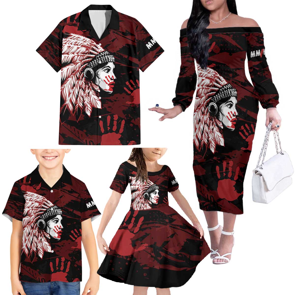 Native American MMIW Family Matching Off The Shoulder Long Sleeve Dress and Hawaiian Shirt Red Handprint Grunge Style