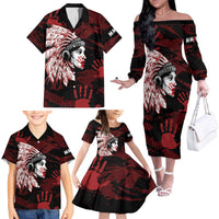 Native American MMIW Family Matching Off The Shoulder Long Sleeve Dress and Hawaiian Shirt Red Handprint Grunge Style
