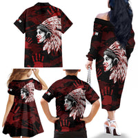 Native American MMIW Family Matching Off The Shoulder Long Sleeve Dress and Hawaiian Shirt Red Handprint Grunge Style