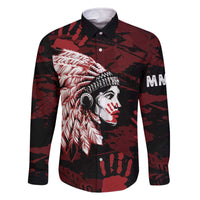 Native American MMIW Family Matching Off The Shoulder Long Sleeve Dress and Hawaiian Shirt Red Handprint Grunge Style