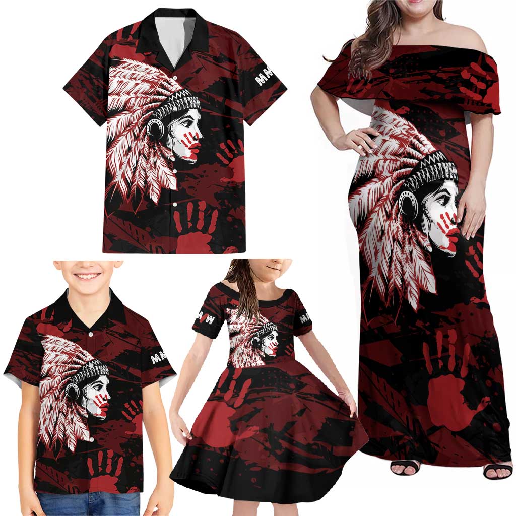 Native American MMIW Family Matching Off Shoulder Maxi Dress and Hawaiian Shirt Red Handprint Grunge Style