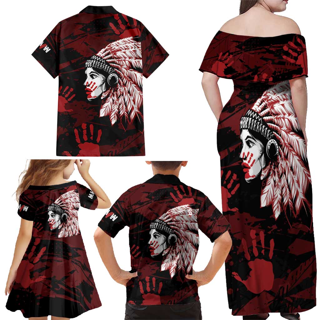 Native American MMIW Family Matching Off Shoulder Maxi Dress and Hawaiian Shirt Red Handprint Grunge Style
