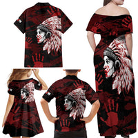 Native American MMIW Family Matching Off Shoulder Maxi Dress and Hawaiian Shirt Red Handprint Grunge Style
