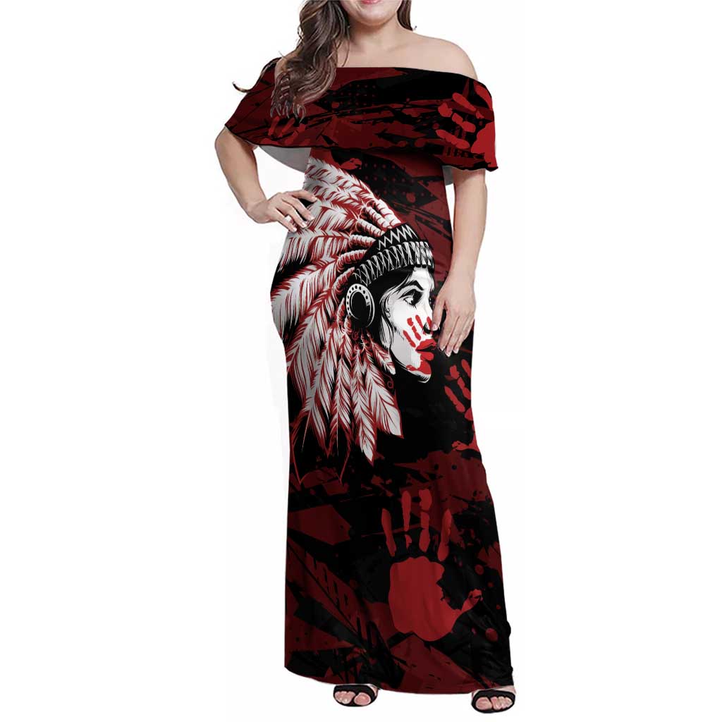 Native American MMIW Family Matching Off Shoulder Maxi Dress and Hawaiian Shirt Red Handprint Grunge Style