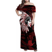 Native American MMIW Family Matching Off Shoulder Maxi Dress and Hawaiian Shirt Red Handprint Grunge Style