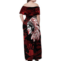 Native American MMIW Family Matching Off Shoulder Maxi Dress and Hawaiian Shirt Red Handprint Grunge Style