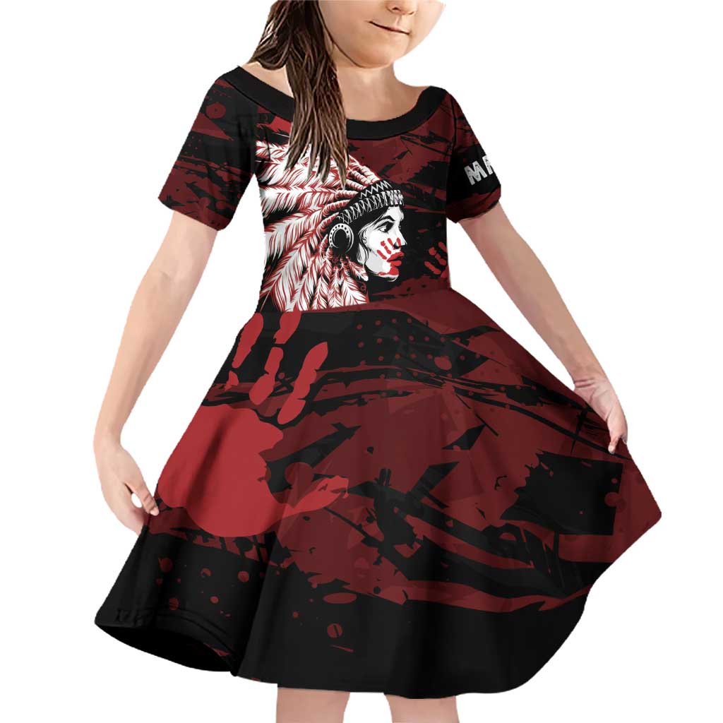Native American MMIW Family Matching Off Shoulder Short Dress and Hawaiian Shirt Red Handprint Grunge Style