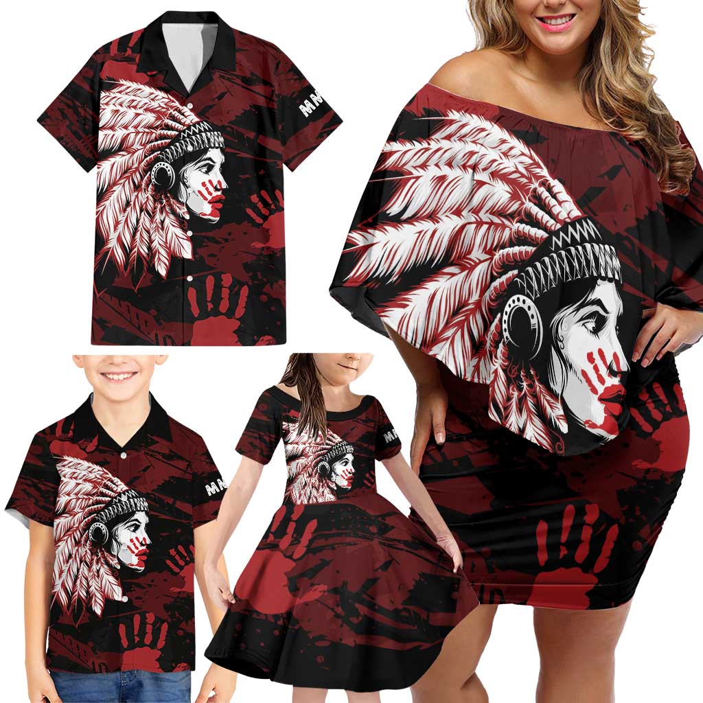 Native American MMIW Family Matching Off Shoulder Short Dress and Hawaiian Shirt Red Handprint Grunge Style