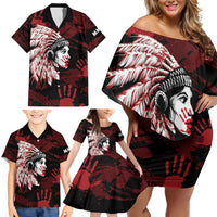 Native American MMIW Family Matching Off Shoulder Short Dress and Hawaiian Shirt Red Handprint Grunge Style