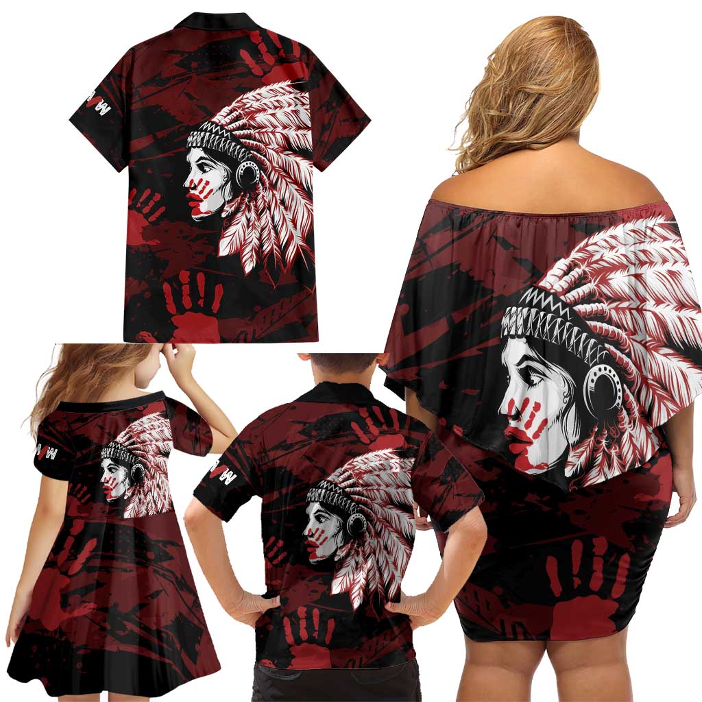 Native American MMIW Family Matching Off Shoulder Short Dress and Hawaiian Shirt Red Handprint Grunge Style