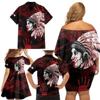 Native American MMIW Family Matching Off Shoulder Short Dress and Hawaiian Shirt Red Handprint Grunge Style