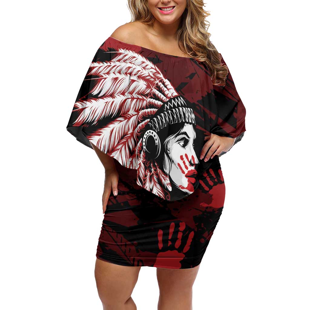 Native American MMIW Family Matching Off Shoulder Short Dress and Hawaiian Shirt Red Handprint Grunge Style