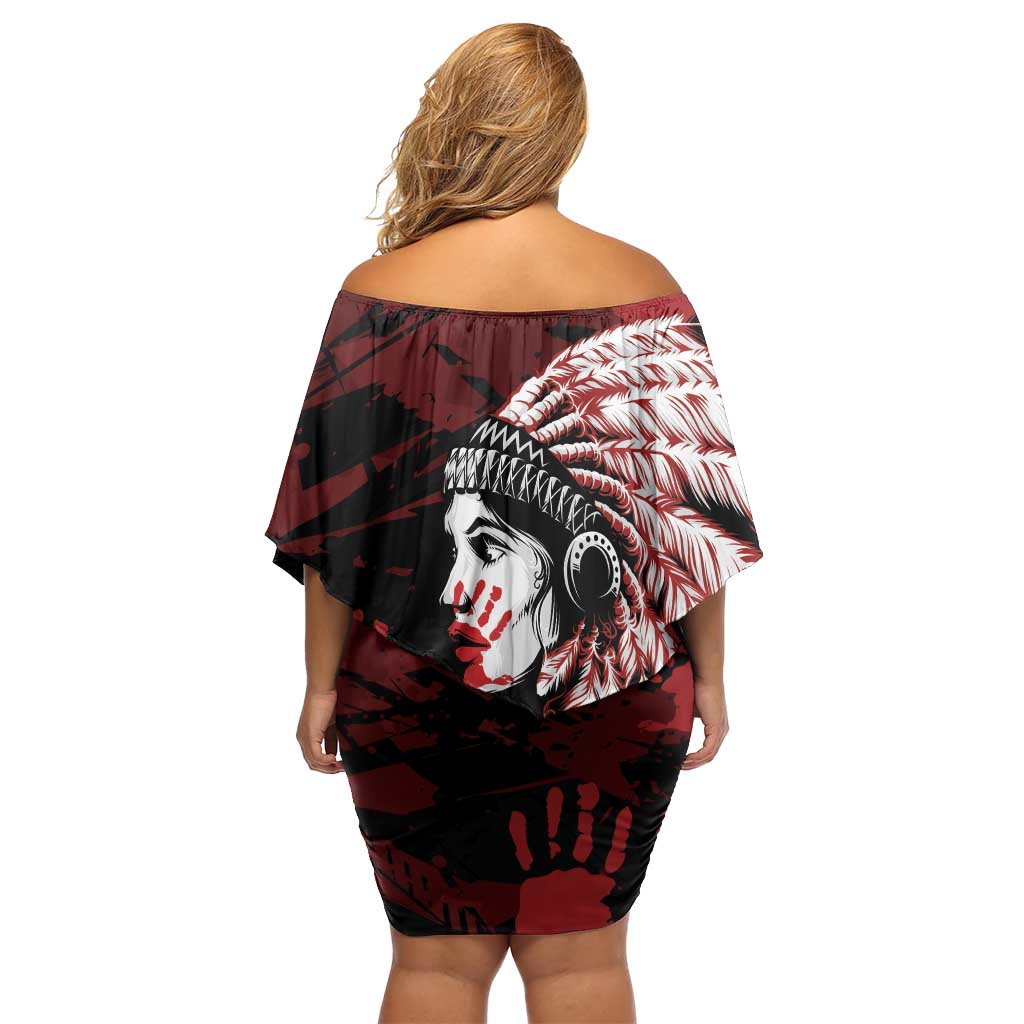 Native American MMIW Family Matching Off Shoulder Short Dress and Hawaiian Shirt Red Handprint Grunge Style
