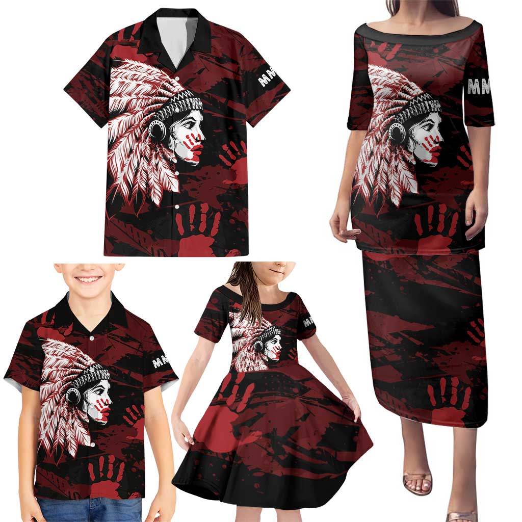 Native American MMIW Family Matching Puletasi and Hawaiian Shirt Red Handprint Grunge Style