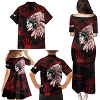 Native American MMIW Family Matching Puletasi and Hawaiian Shirt Red Handprint Grunge Style