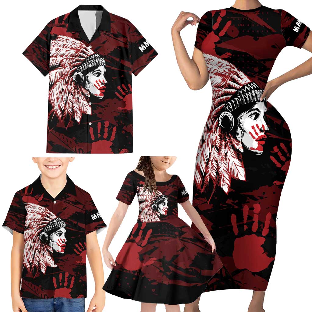 Native American MMIW Family Matching Short Sleeve Bodycon Dress and Hawaiian Shirt Red Handprint Grunge Style