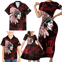 Native American MMIW Family Matching Short Sleeve Bodycon Dress and Hawaiian Shirt Red Handprint Grunge Style