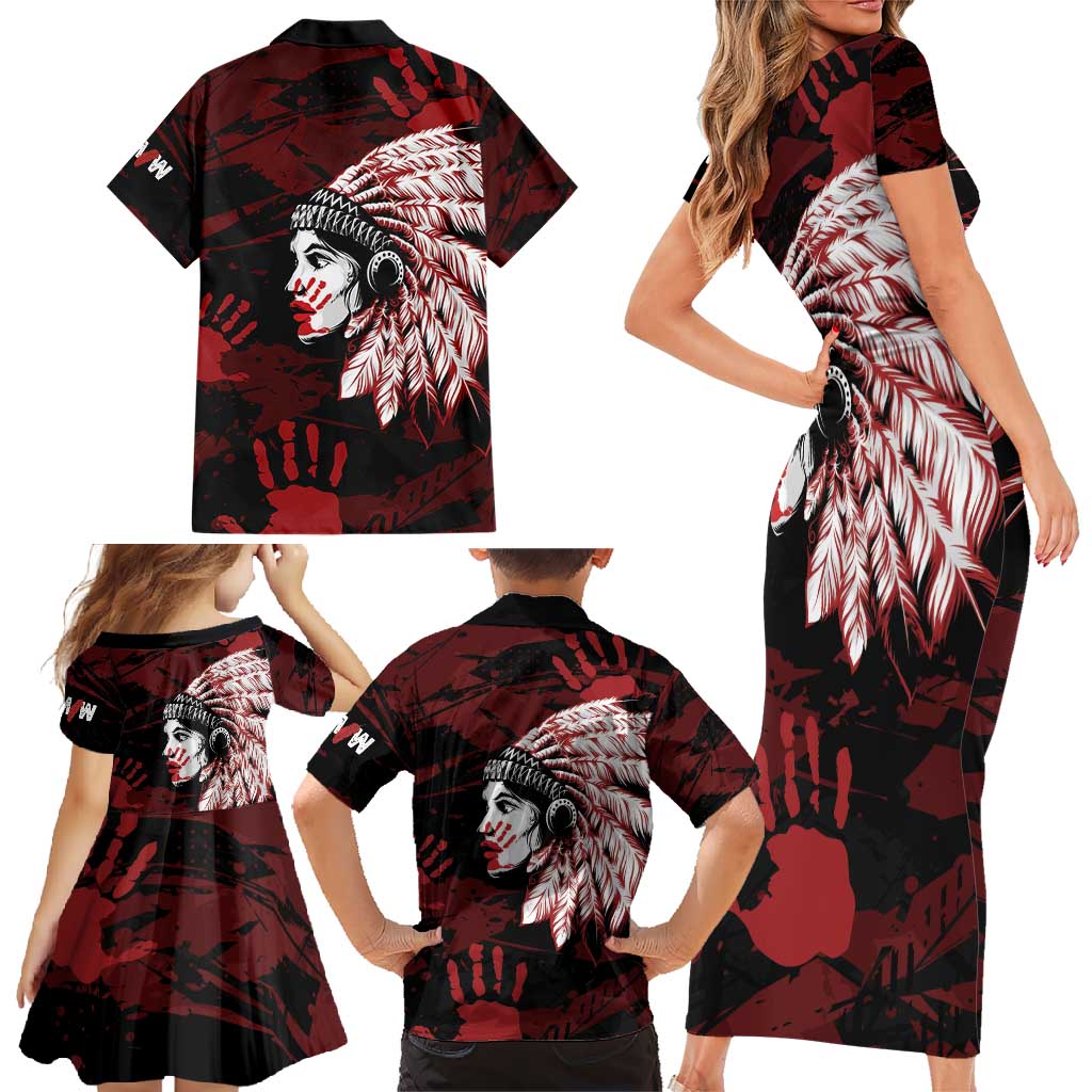 Native American MMIW Family Matching Short Sleeve Bodycon Dress and Hawaiian Shirt Red Handprint Grunge Style