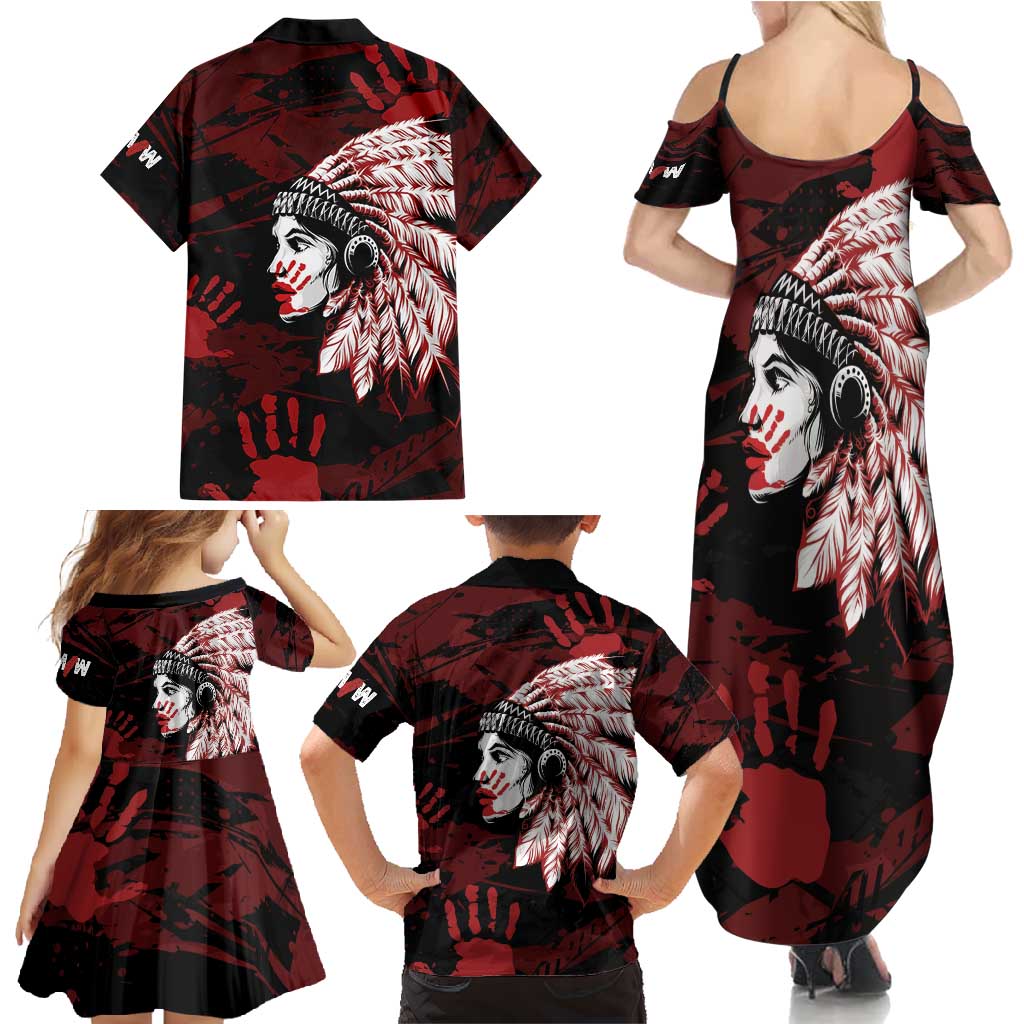 Native American MMIW Family Matching Summer Maxi Dress and Hawaiian Shirt Red Handprint Grunge Style