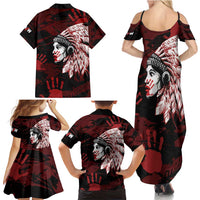 Native American MMIW Family Matching Summer Maxi Dress and Hawaiian Shirt Red Handprint Grunge Style