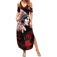 Native American MMIW Family Matching Summer Maxi Dress and Hawaiian Shirt Red Handprint Grunge Style