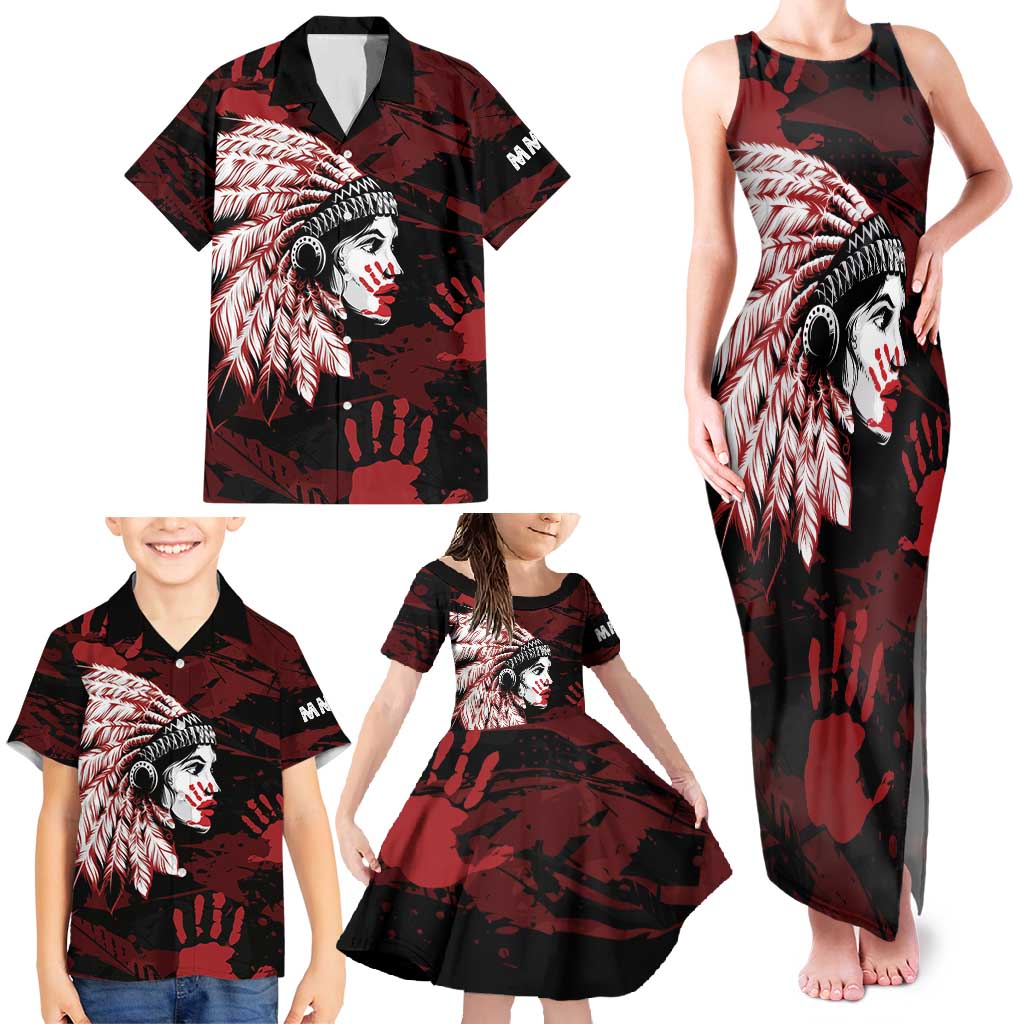 Native American MMIW Family Matching Tank Maxi Dress and Hawaiian Shirt Red Handprint Grunge Style