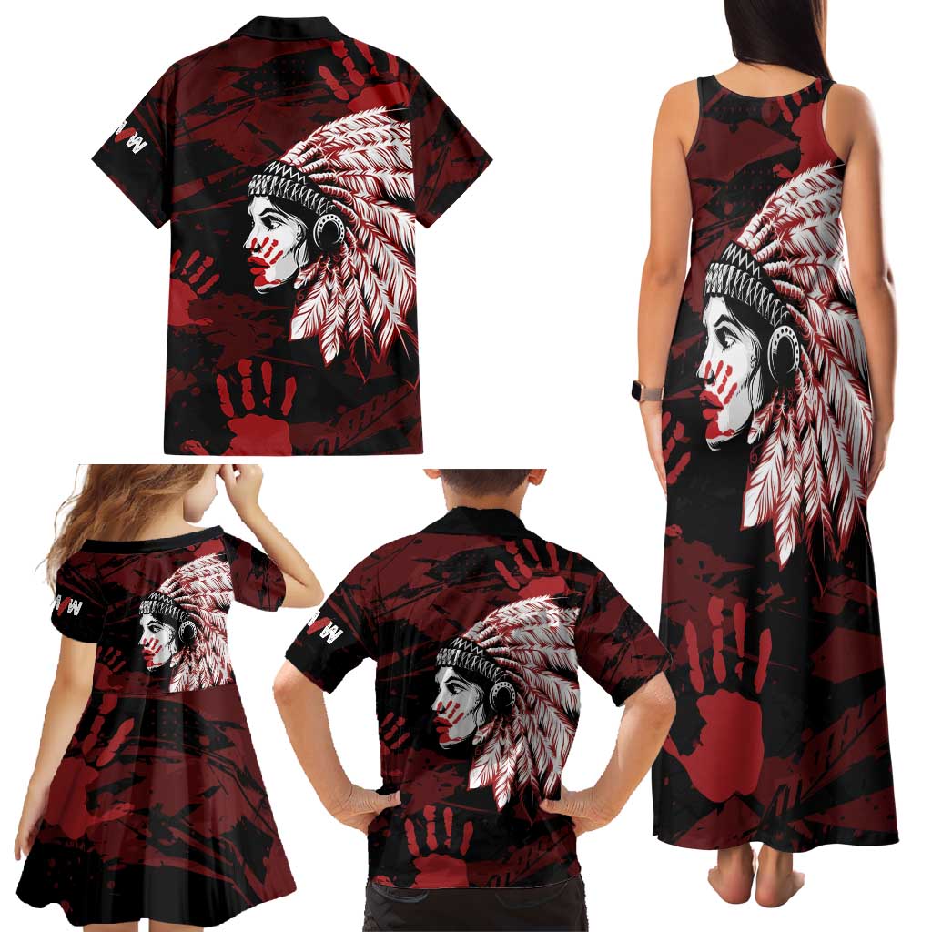 Native American MMIW Family Matching Tank Maxi Dress and Hawaiian Shirt Red Handprint Grunge Style