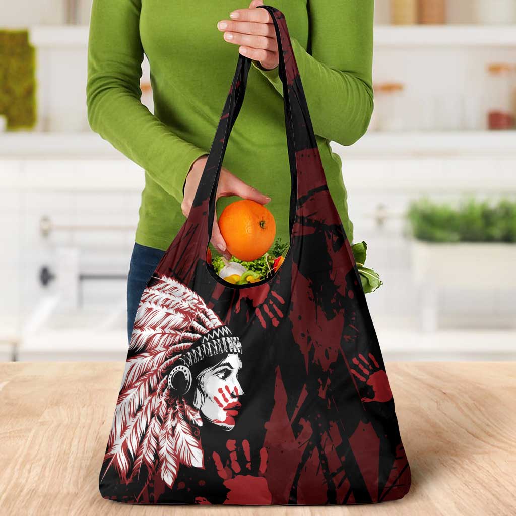 Native American MMIW Grocery Bag Red Handprint Grunge Style