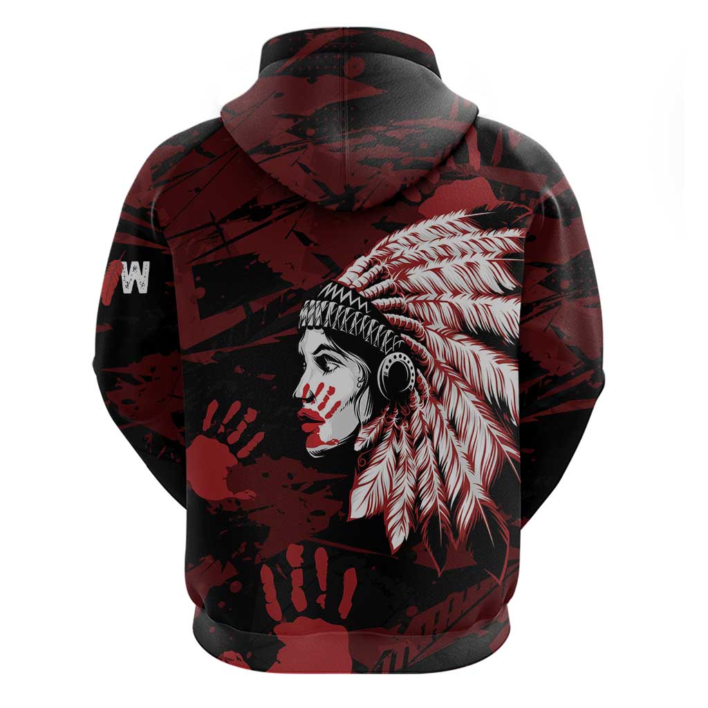 Native American MMIW Hoodie Red Handprint Grunge Style