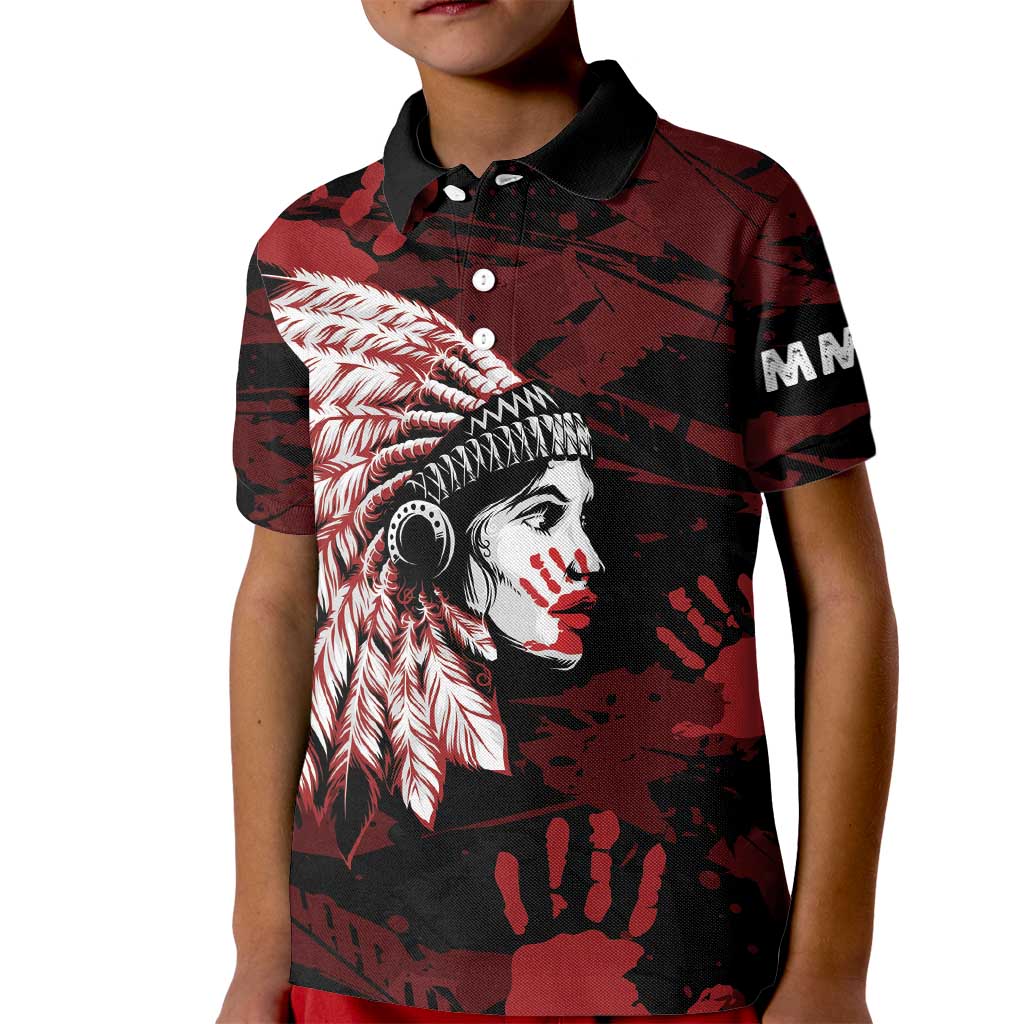 Native American MMIW Kid Polo Shirt Red Handprint Grunge Style