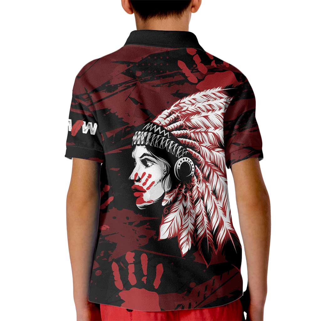 Native American MMIW Kid Polo Shirt Red Handprint Grunge Style