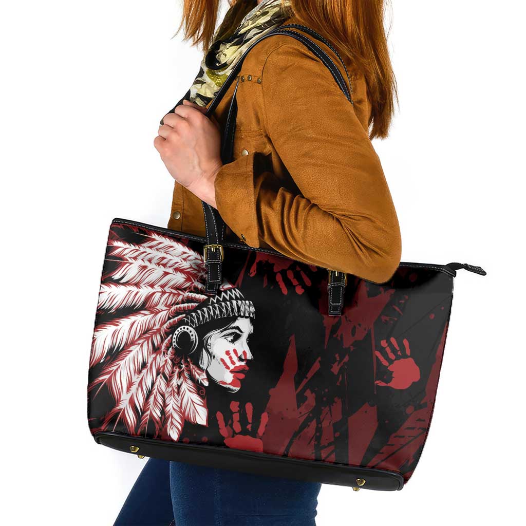 Native American MMIW Leather Tote Bag Red Handprint Grunge Style