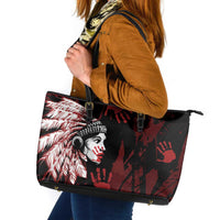 Native American MMIW Leather Tote Bag Red Handprint Grunge Style