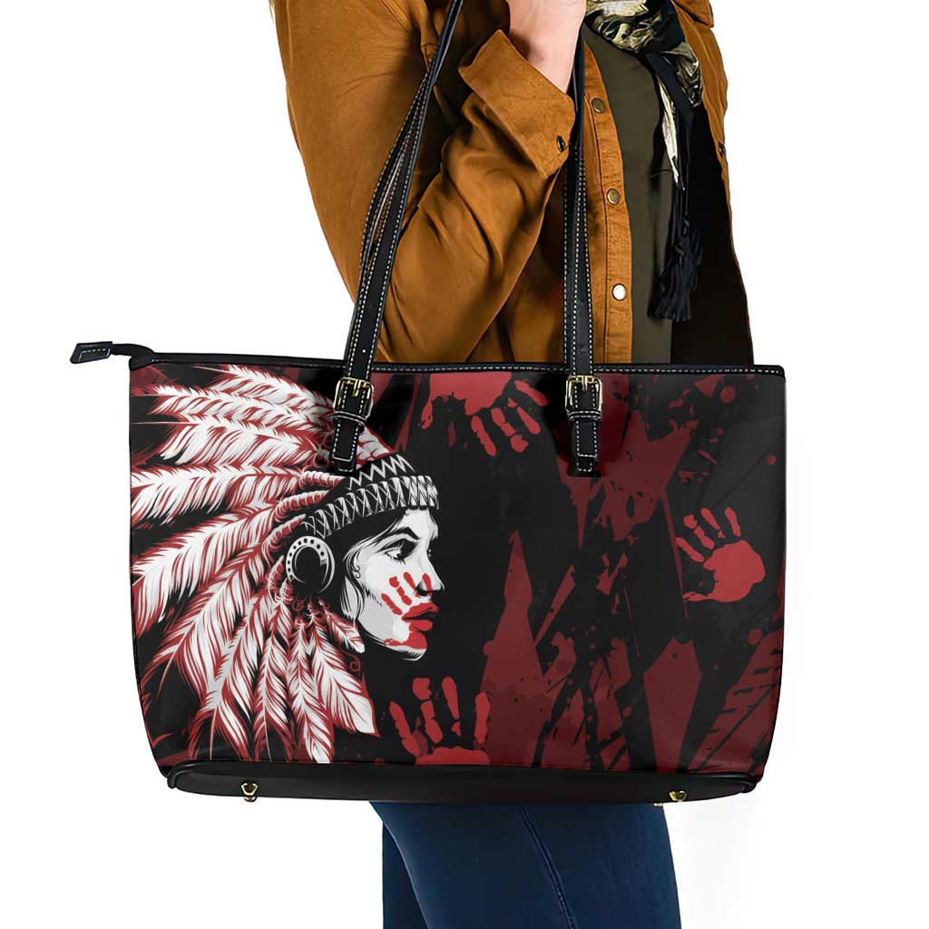 Native American MMIW Leather Tote Bag Red Handprint Grunge Style