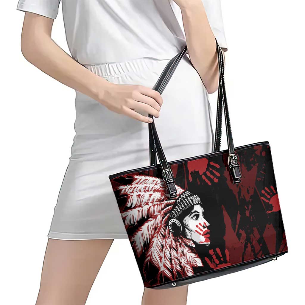 Native American MMIW Leather Tote Bag Red Handprint Grunge Style