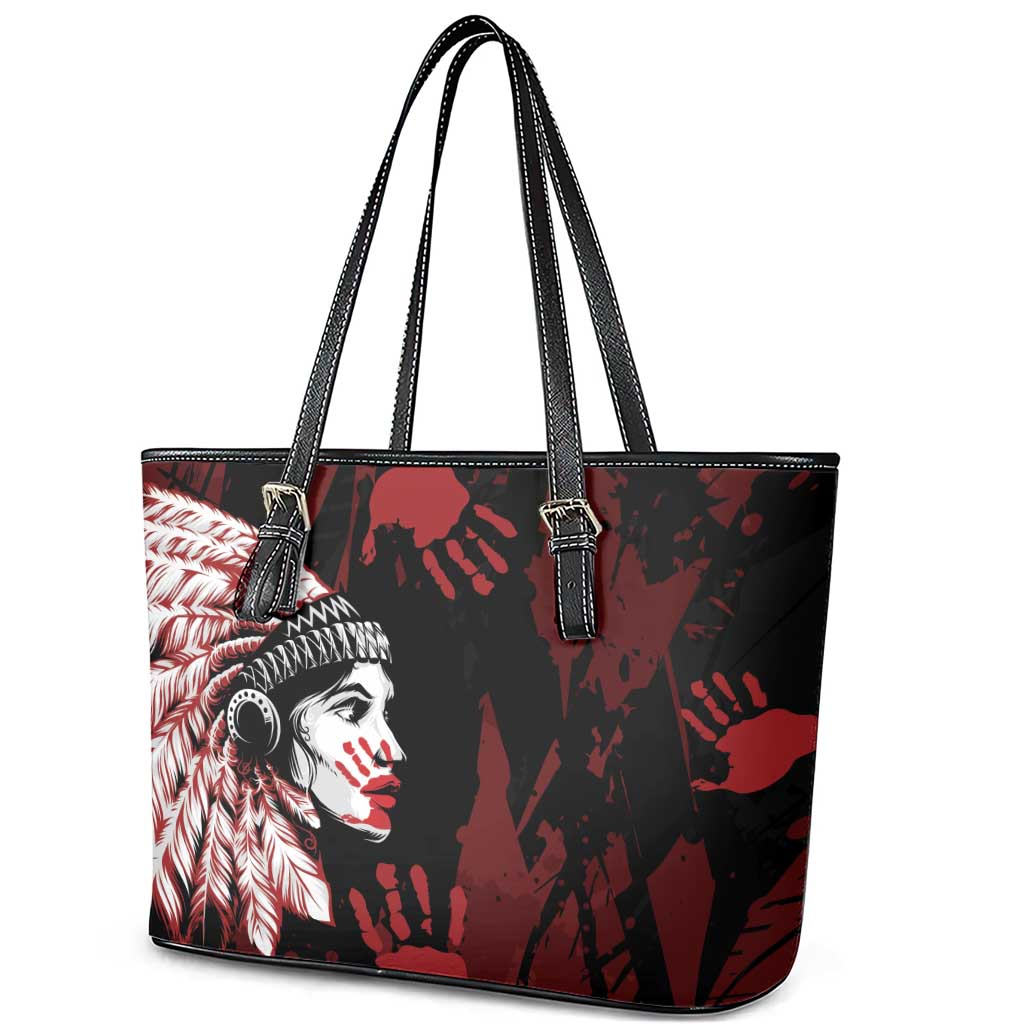 Native American MMIW Leather Tote Bag Red Handprint Grunge Style