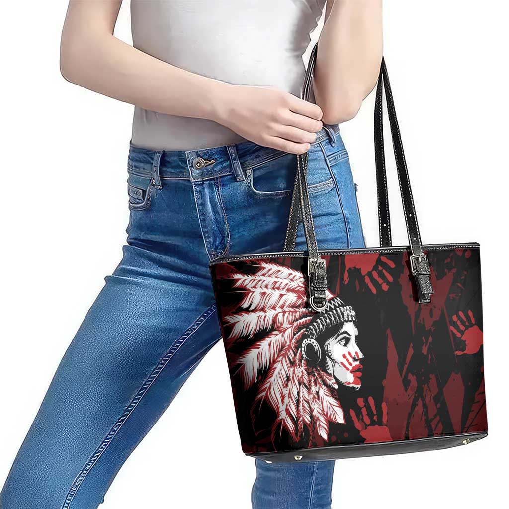 Native American MMIW Leather Tote Bag Red Handprint Grunge Style